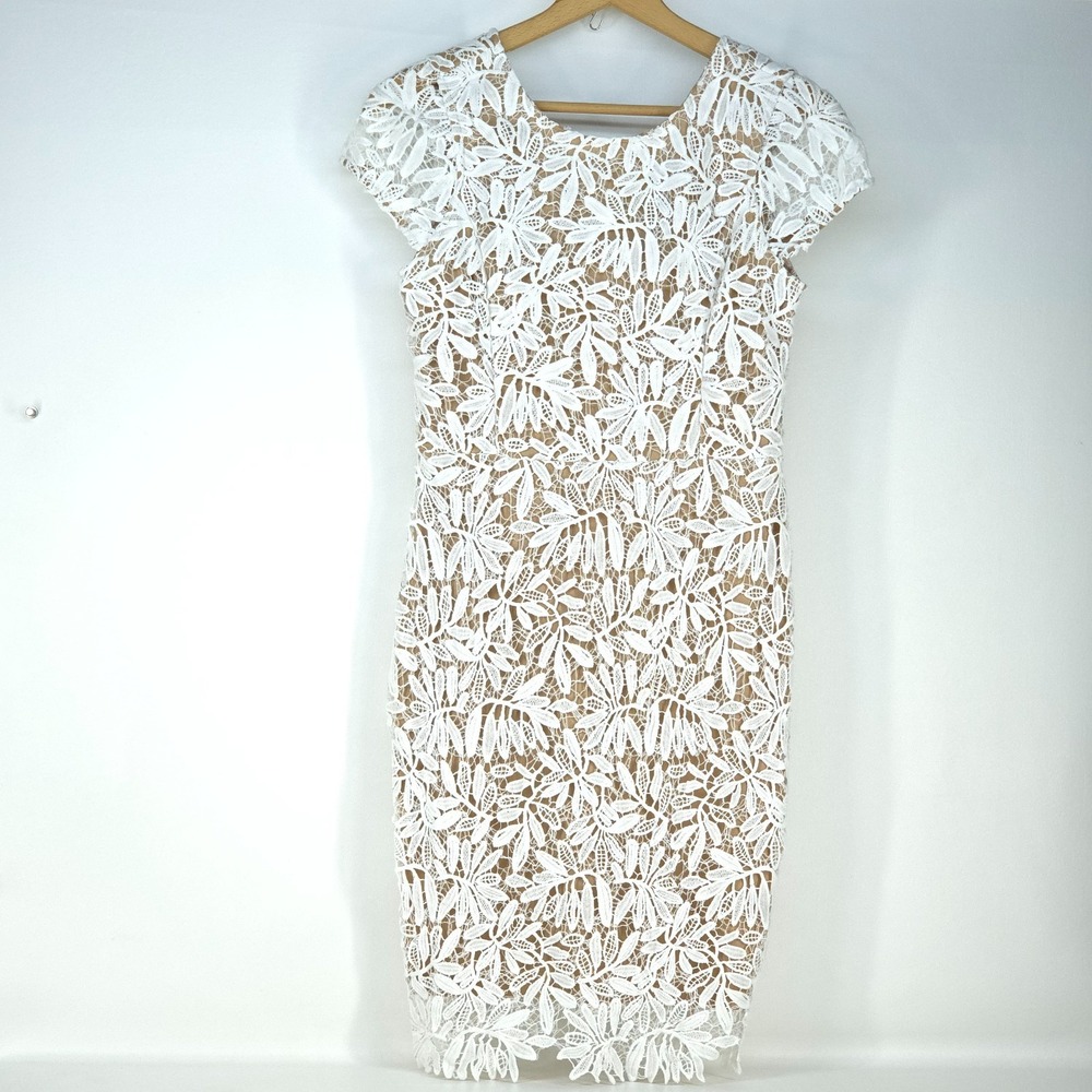 Lulus Nude Midi Sheath Dress Women's Large‎ Lace Sleeveless Floral Naked Wedding